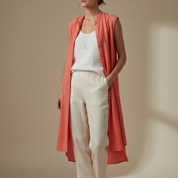 EILEEN FISHER Silk Georgette Sleeveless Mandarin Collar Shift Dress Coral Size S - Picture 2 of 9